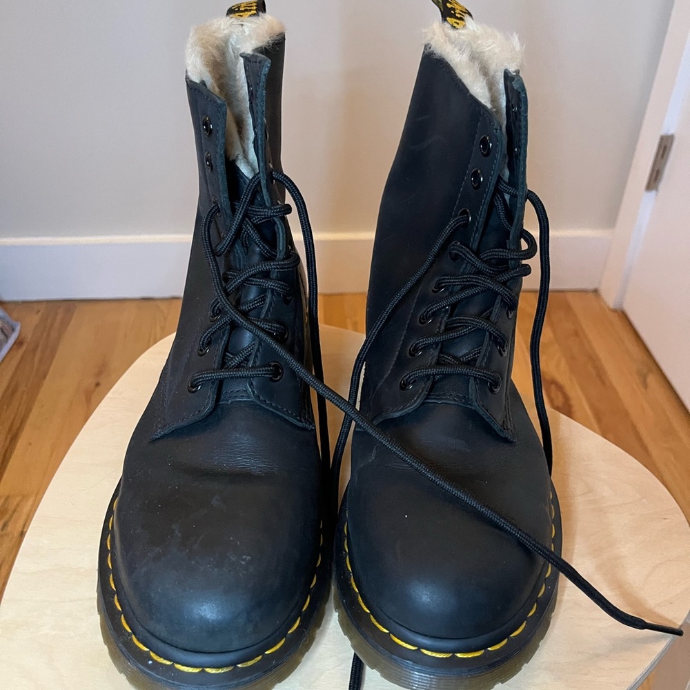Dr. Martens Black Lace-Up Faux-Fur Combat Boots with Yellow Stitching